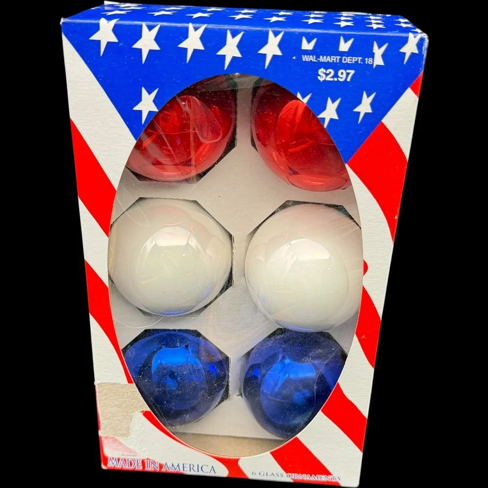 Rauch Red White Blue Glass Ornaments Set of 6 Vintage Patriotic Made in USA